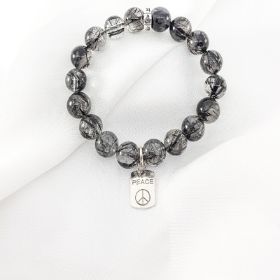 Vòng tay nam mệnh kim, thủy đá thạch anh tóc đen mix charm PEACE