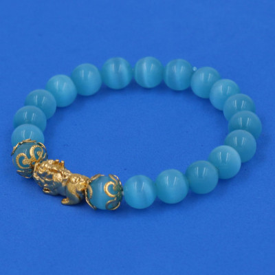 Vòng đeo tay Đá Mắt Mèo Xanh Biển 8 ly - cẩn Tỳ Hưu Phong Thủy inox vàng VMEXBTHHKV8 - hợp mệnh Thủy, mệnh Mộc