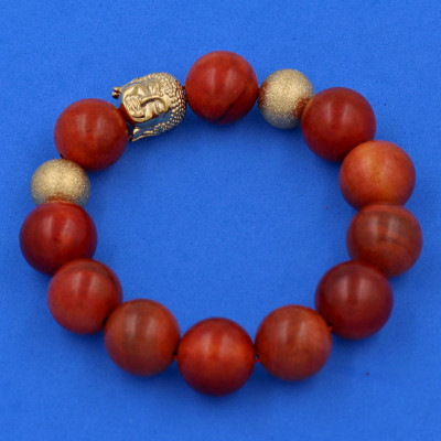Chuỗi hạt đeo tay Gỗ Đỏ 15 ly - Vòng tay Phật A Di Đà hạt inox vàng VGONLVHB14 - Vòng đeo tay size lớn