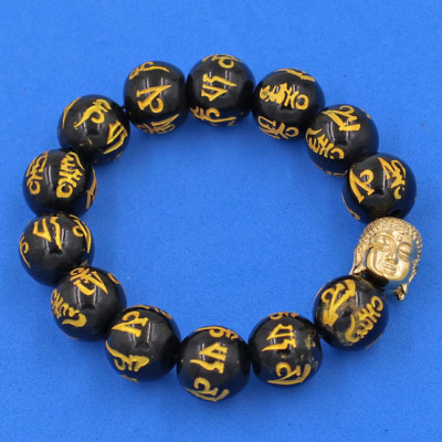 Vòng đeo tay Thạch Anh Đen Phật chú 14 ly cẩn hạt Phật A Di Đà inox vàng VTAEPVNLV14