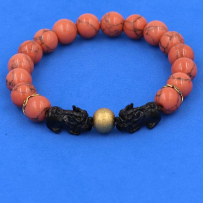 Vòng tay San Hô Cam sọc size 8 ly - Vòng tay Tỳ Hưu Đôi inox đen VSHCSTHHEV8 - hợp mệnh Hỏa, mệnh Thổ