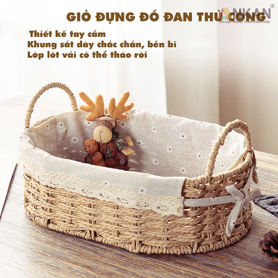 Giỏ Đựng Đồ Ăn Vặt Có Quai Hình Bầu Dục Lót Vải Hoa – Sợi Giấy Cán Mỏng Nhẹ Bền, Dễ Vệ Sinh