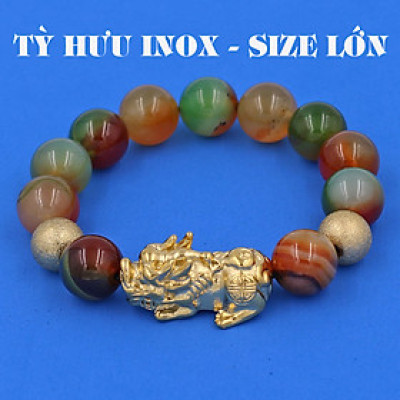 Vòng chuỗi đeo tay mã não tứ quý 14 ly ( size lớn ) charm tỳ hưu và bi inox vàng, vòng tay chuỗi hạt