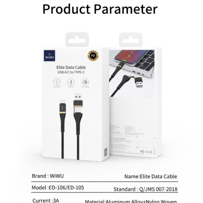 Cáp Wiwu ED-106 USB Và Cáp Dữ Liệu Sạc Nhanh Type-c Sang Type-c 3A Cho Các Thiết Bị Type C Thiết Kế 2 Trong 1, Sạc Nhanh - Hàng Chính Hãng