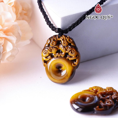 Mặt dây chuyền cặp tỳ hưu tọa đồng điếu đá mắt hổ vàng nâu mệnh thổ, kim - Ngọc Quý Gemstones