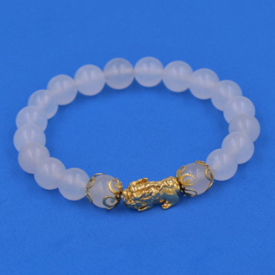 Chuỗi đeo tay Thạch Anh Trắng 8 ly - cẩn Tỳ Hưu Phong thủy inox vàng VTATTHHKV8 - hợp mệnh Kim, mệnh Thủy