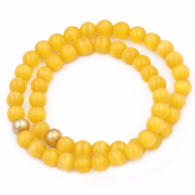 [Mệnh Kim, Thổ] Vòng Chuỗi Đôi 6 Ly Đá Mắt Mèo Vàng Charm Bi Inox VMEVHBD