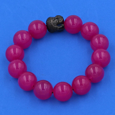 Vòng đeo tay thạch anh hồng 14 ly cẩn hạt Phật A Di Đà inox đen VTAHNLE14 - hợp mệnh Hỏa, mệnh Thổ