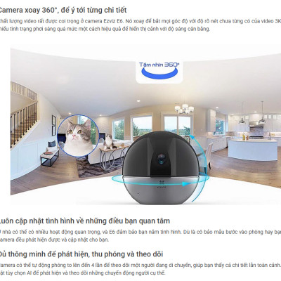 Camera Wifi EZVIZ E6 5MP xoay 360 độ. Auto zoom hình, tự động thu phóng, chống ngược sáng true wdr. vẫy tay gọi điện - hàng chính hãng