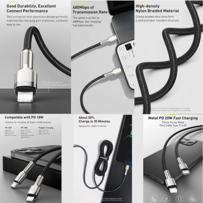 Cáp sạc Baseus Cafule series Metal data cable- CATLJK nhanh Type C to Light-ning 20W  Hàng chính hãng