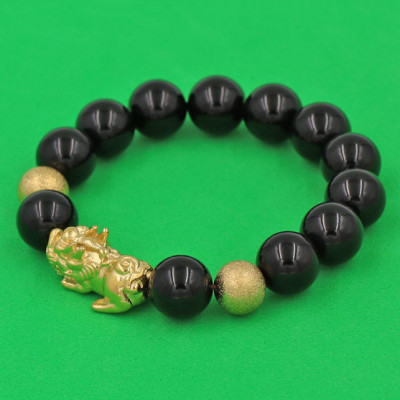 Vòng tay đá Thạch Anh Đen 12 ly - charm Bi vàng - cẩn Tỳ Hưu Phong Thủy inox vàng VTAETHHBV12 - hợp mệnh Thủy, mệnh Mộc