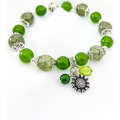 Vòng tay mệnh mộc, hỏa đá thạch anh tóc xanh+ đá ngọc phật mix charm hoa hướng dương