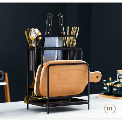 GIÁ KỆ ĐỂ DAO THỚT SƠN TĨNH ĐIỆN CARBON ĐEN CÓ ÔNG CẮM ĐŨA CAO CẤP