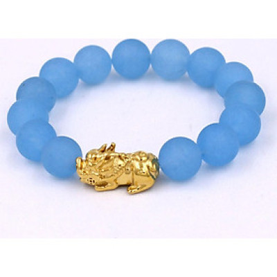 Vòng tay thạch anh xanh biển mờ 12 ly - cẩn Tỳ Hưu inox vàng VTAXBMTHV12 - hợp mệnh Mộc, mệnh Thủy