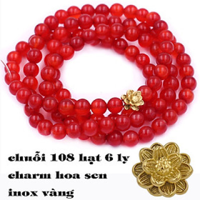 [Mệnh Hỏa, Thổ] Bộ Vòng Chuỗi, Tràng Hạt 108 Hạt 6 Ly Đá Thạch Anh Đỏ Charm Hoa Sen Inox - Tràng Chuỗi Niệm Phật - An Yên - Thịnh Vượng - May Mắn - Tài Lộc - Bình An