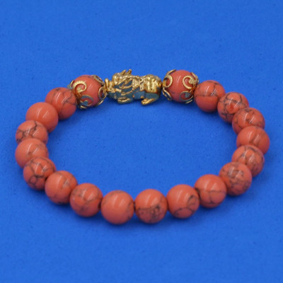 Vòng tay chuỗi hạt San Hô Cam Sọc 8 ly - cẩn Tỳ Hưu Phong Thủy inox vàng VSHCSTHHKV8 - hợp mệnh Hỏa, mệnh Thổ