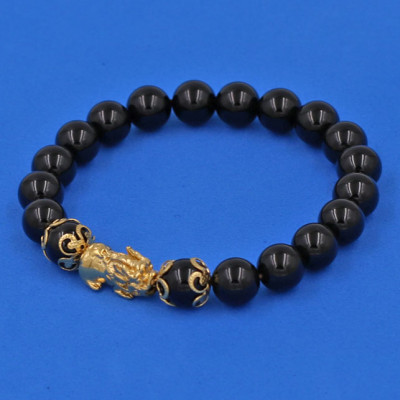 Vòng tay Đá Thạch Anh Đen 8 ly - cẩn Tỳ Hưu Phong Thủy inox vàng VTAETHHKV8 - hợp mệnh Mộc, mệnh Thủy