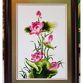 TRANH THÊU TAY TINH XẢO CHỈ TƠ BÓNG -HOA SEN