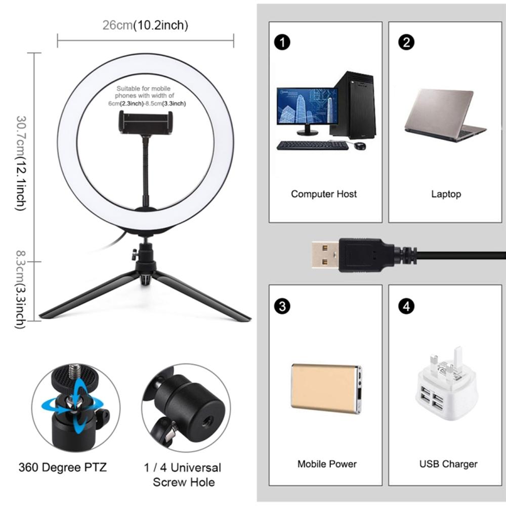 Đèn livestream hình tròn Puluz 10,2 inch 80 bóng ánh sáng với sạc USB thay đổi 3 màu