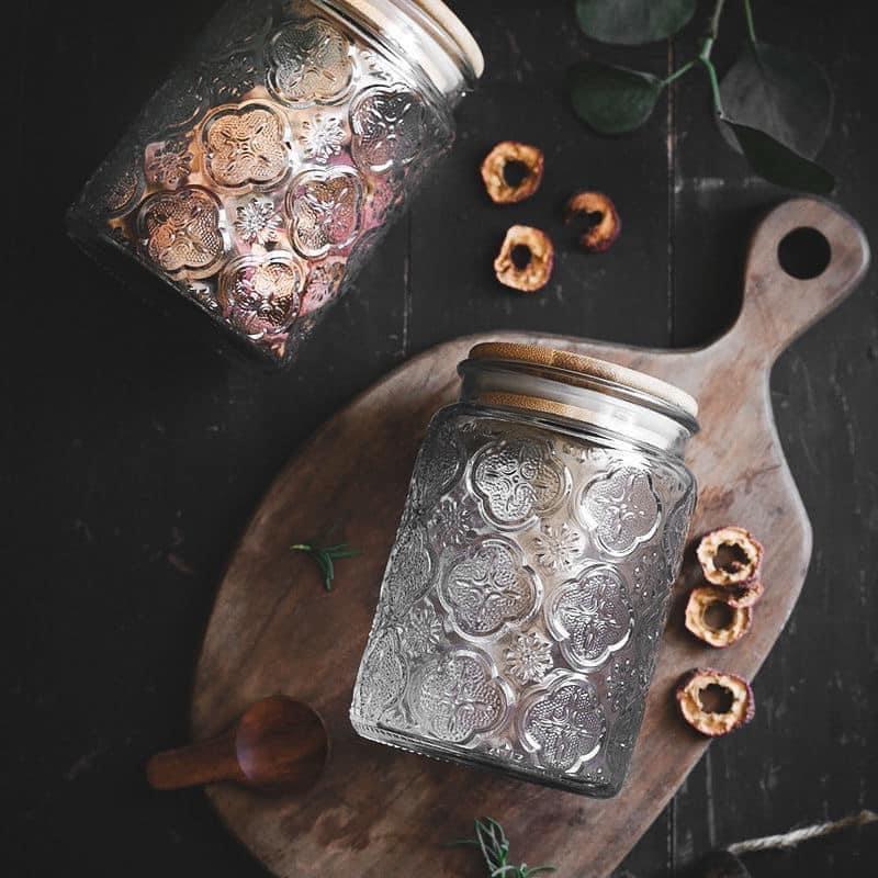 Lọ thủy tinh hoa văn Vintage nắp gỗ