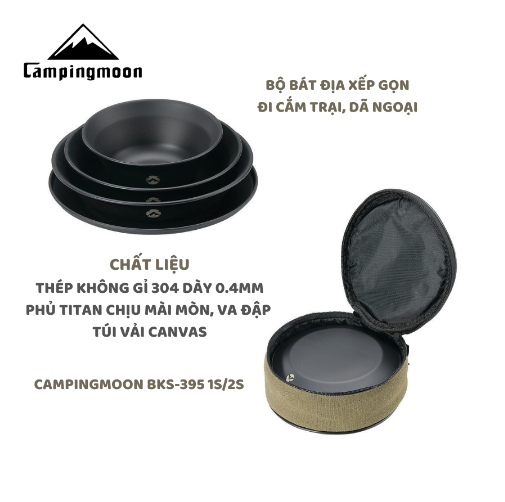 Set bát đĩa dã ngoại cho 1, 2 người Inox 304 mạ titanium đen Campingmoon BKS395-1S/ BKS395-2S