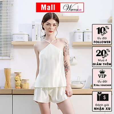 Đồ bộ mặc nhà phi lụa cao cấp Wannabe, bộ short BSS64 cổ yếm quần short đơn giản