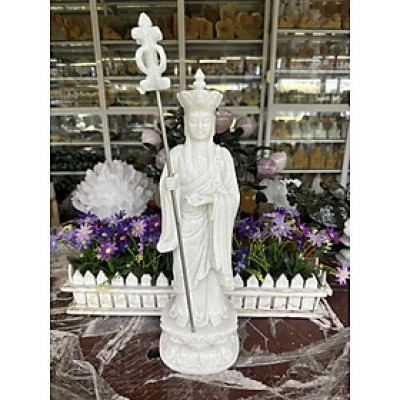 Tượng địa tạng vương bồ tát đứng đài sen đá cẩm thạch trắng - Cao 40 cm