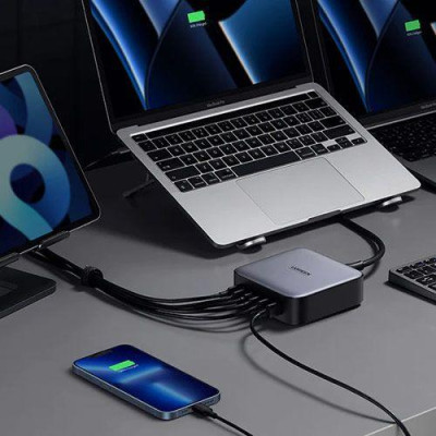 Ugreen UG40914CD271TK 200W cáp nguồn dài 2M chuẩn cắm EU Màu Xám Bộ sạc nhanh có 4 cổng USB-C và 2 cổng USB-A - HÀNG CHÍNH HÃNG