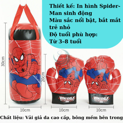 Túi Đấm Bốc Boxing Cho Trẻ Em Hình Người Nhện Đỏ Size Trung 37*18*18 cm, Kèm 2 Găng Tay Cho Bé, Bộ dụng cụ tập Boxing kèm 2 găng tay cho bé- Bộ đấm bốc trẻ em kèm găng tay
