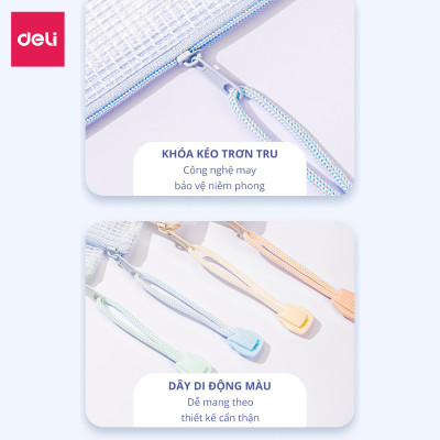 Túi lưới đựng đồ trong suốt đa năng A5 có khóa kéo tiện dụng Deli, Túi đựng Bút Viết, Túi đựng Mỹ Phẩm, Túi đựng Đồ dùng cá nhân đi du lịch - Túi sức chứa lớn, không để lại vết hằn khi bị uốn cong