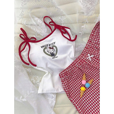 Bộ Đồ Ngủ Hello Kitty Cotton Hai Dây Quần Ngắn Đính Nơ Lưng Chun