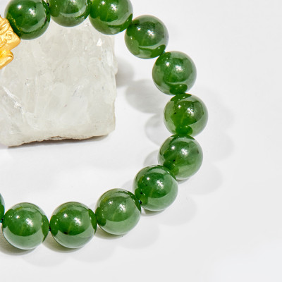 Vòng tay phong thủy đá ngọc bích charm tỳ hưu vàng 24k 10mm mênh hỏa , mộc - Ngọc Quý Gemstones