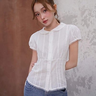 Áo sơ mi tay ngắn viền ren dễ thương nữ tính cột nơ sau dễ phối đồ Jenni Miều Est.2013