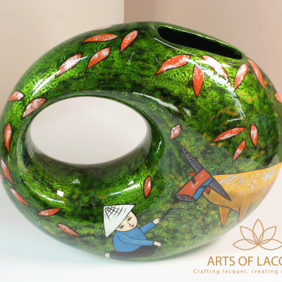 Bình Hoa Sơn Mài "Thuận Hoà Làng Quê"( Xanh Nhạt )