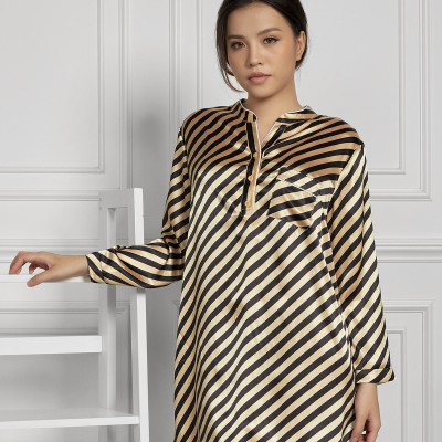 Đầm Ngủ Lụa Satin Cổ Trụ Tay Dài, Lệch Tà Maxivic, La Mộc - MM112110