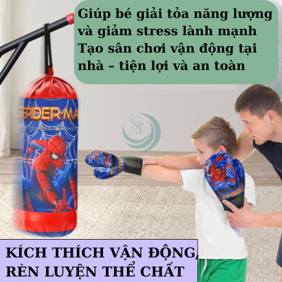 Túi Đấm Bốc Boxing Cho Trẻ Em Hình Người Nhện Đỏ Size Trung 37*18*18 cm, Kèm 2 Găng Tay Cho Bé, Bộ dụng cụ tập Boxing kèm 2 găng tay cho bé- Bộ đấm bốc trẻ em kèm găng tay