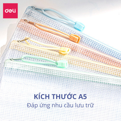 Túi lưới đựng đồ trong suốt đa năng A5 có khóa kéo tiện dụng Deli, Túi đựng Bút Viết, Túi đựng Mỹ Phẩm, Túi đựng Đồ dùng cá nhân đi du lịch - Túi sức chứa lớn, không để lại vết hằn khi bị uốn cong