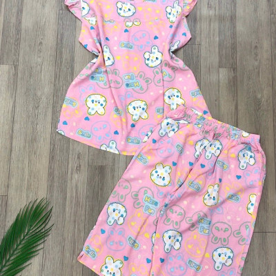 Đồ bộ nữ, đồ ngủ mặc nhà lửng tay cánh tiên vải lanh mềm ,mát BL 183 họa tiết dễ thương size 45-70kg.