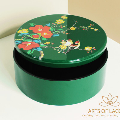 Hộp Tròn Sơn Mài Họa Tiết Chim Hoa Xanh Đậm