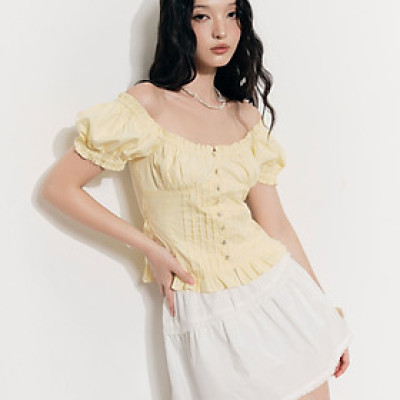 DOTTIE - Áo diễu ly tay phồng - Vàng - T1076