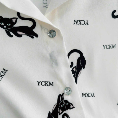 Đầm Ngủ Sơ Mi Lụa Quảng Châu Cổ Vuông Họa Tiết Mèo Con Dễ Thương