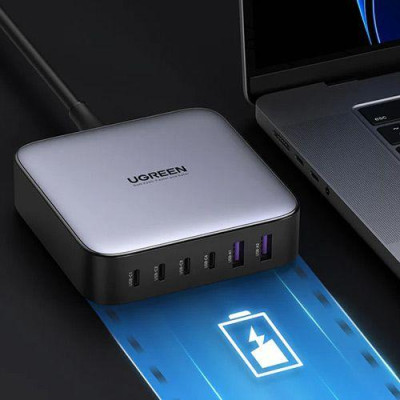 Ugreen UG40914CD271TK 200W cáp nguồn dài 2M chuẩn cắm EU Màu Xám Bộ sạc nhanh có 4 cổng USB-C và 2 cổng USB-A - HÀNG CHÍNH HÃNG
