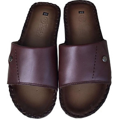 Dép nam quai ngang TRƯỜNG HẢI một bản da bò thật đế âm may viền thủ công chắc chắn tỉ mỉ mặt đế cao su chống mòn không trơn QNTH074  - Nâu - 44