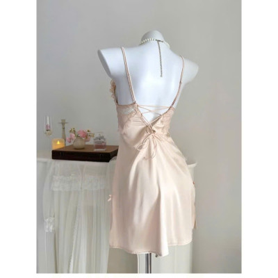 Váy Ngủ D721 Lụa Quảng Châu Cao Cấp Đính Nơ Viền Bèo Tiểu Thư Xinh Xắn