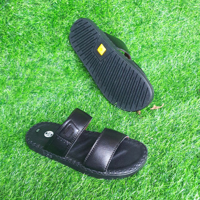 Dép nam đế cao 3cm da bò thật may viền Trường Hải màu đen DN145