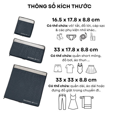 Bộ 3 túi đựng đồ du lịch RICARDO gấp gọn, chất vải chống thấm nước, chống nấm mốc