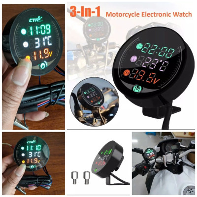 Đồng Hồ Báo Giờ Xe Máy 3in1 Báo Nhiệt Độ, Vôn Ắc Quy Mẫu Mới Loại Tốt Gắn Các Loại Xe Hàng Cao Cấp, Phụ Kiện Xe Máy