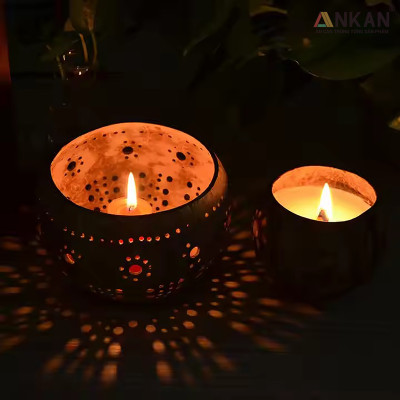 Đèn Gáo Dừa Đựng Nến Tealight Hoa Cúc Handmade Decor Tự Nhiên Trang Trí Spa Cafe ANKAN