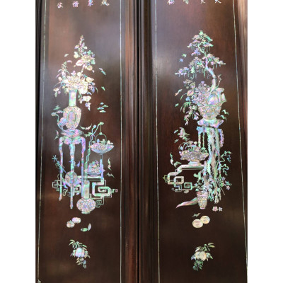 Tranh tứ bình ,hay gọi tranh đông bích gỗ gụ  khảm ốc đỏ singgaprore kt 31×117×4cm