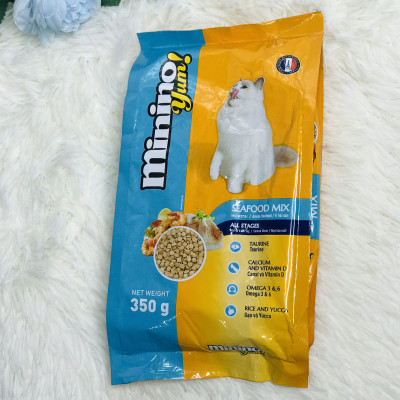 COMBO 5 Gói Thức Ăn Hạt Cho Mèo Vị Cá Hồi Và Hải Sản Minino Yum 350g